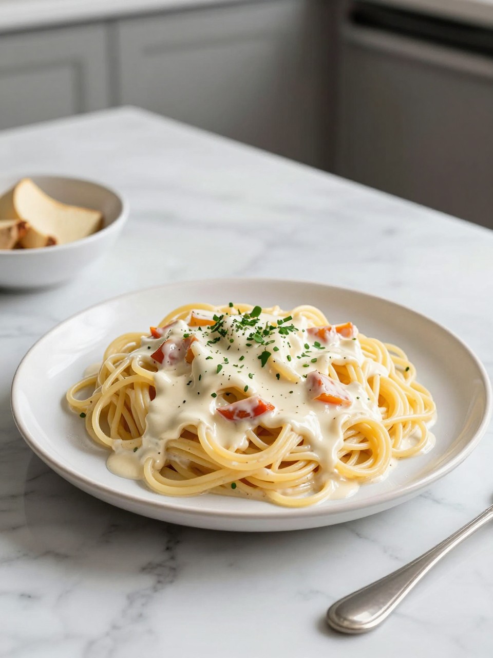 An overheard picture view of a plate of Creamy Italian Spaghetti Salad sitting on a marble countertop table in the kitchen, professional food photography style.