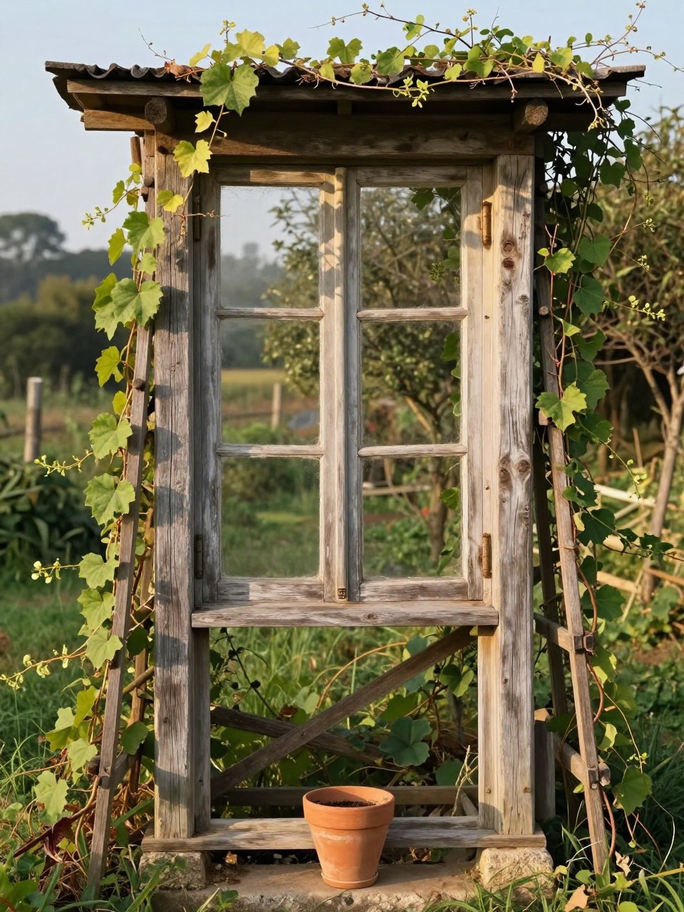 Photo of an old wooden window frame used as a trellis with vines in a rustic country backyard, straight-on view, morning light, containing a small terra cotta pot at the base, iPhone photo quality.