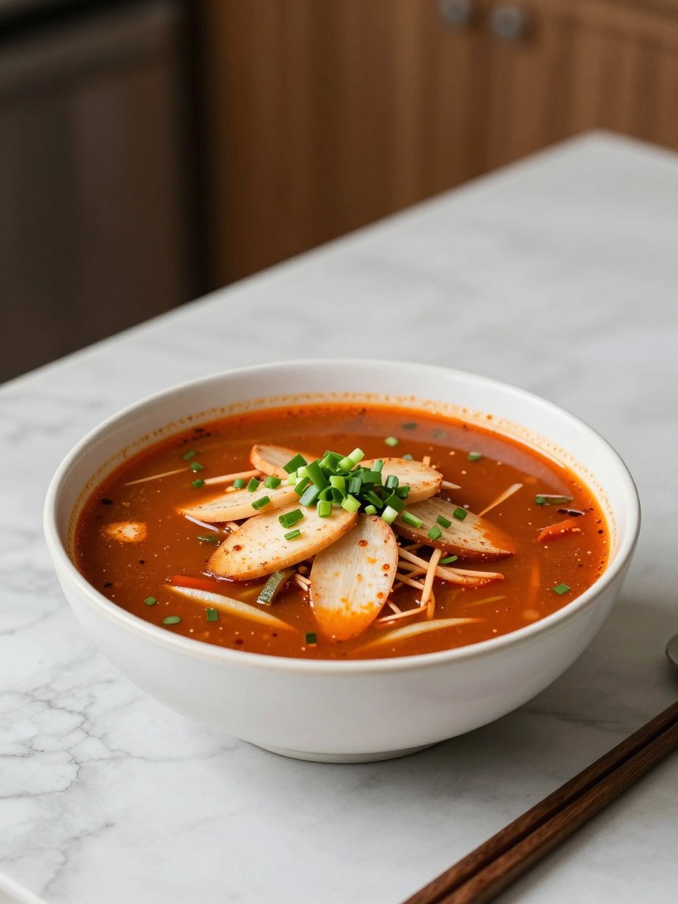 An overheard picture view of a plate of Vegan Yukgaejang (Spicy Vegetable Soup) sitting on a marble countertop table in the kitchen, professional food photography style.
