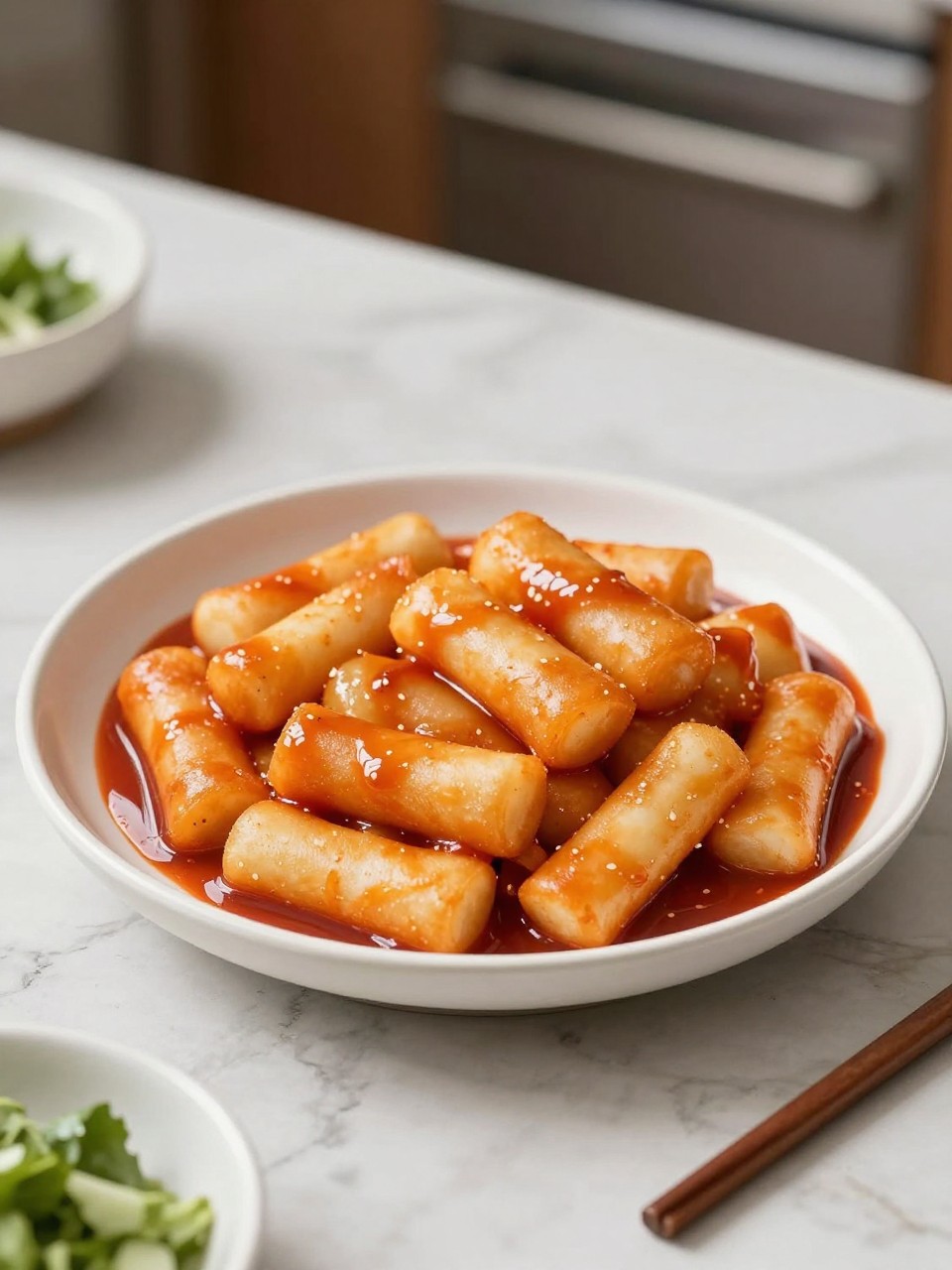 An overheard picture view of a plate of Tteokbokki (Spicy Rice Cakes) sitting on a marble countertop table in the kitchen, professional food photography style.