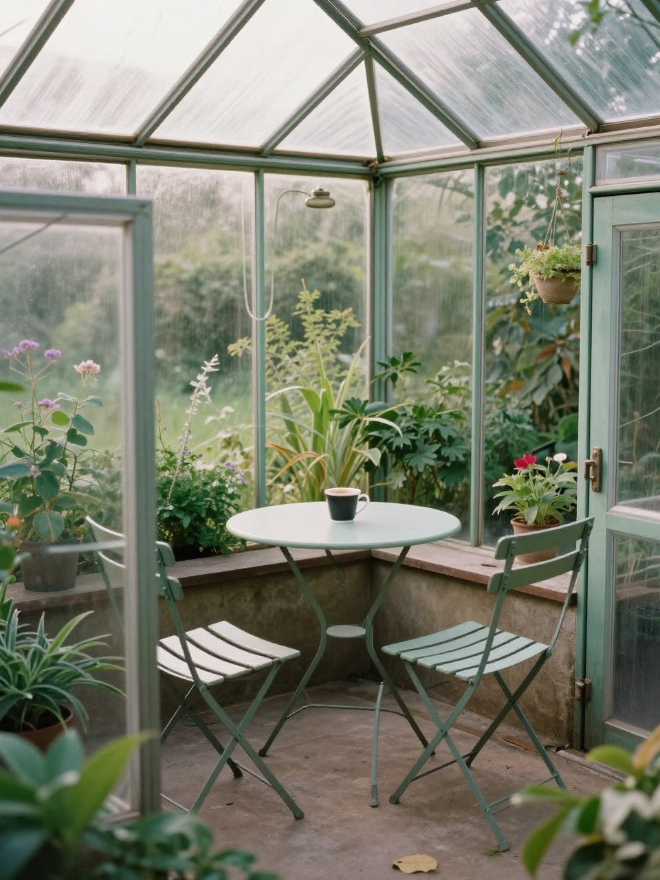 Photo of a greenhouse corner with a small bistro table, one chair, and plants all around, corner angle view, setting in a backyard greenhouse, soft morning light, containing a coffee mug on the table, iPhone photo quality.