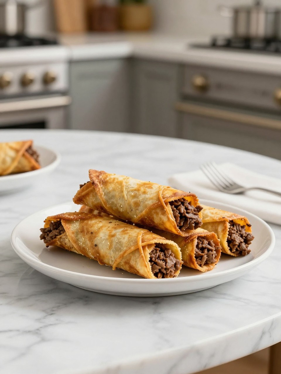 An overheard picture view of a plate of Ground Beef Taquitos sitting on a marble countertop table in the kitchen, professional food photography style.