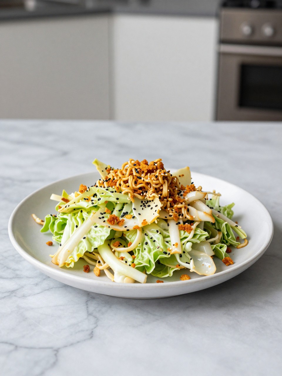 An overheard picture view of a plate of Sesame Ginger Cabbage Salad with Crunchy Ramen sitting on a marble countertop table in the kitchen, professional food photography style.