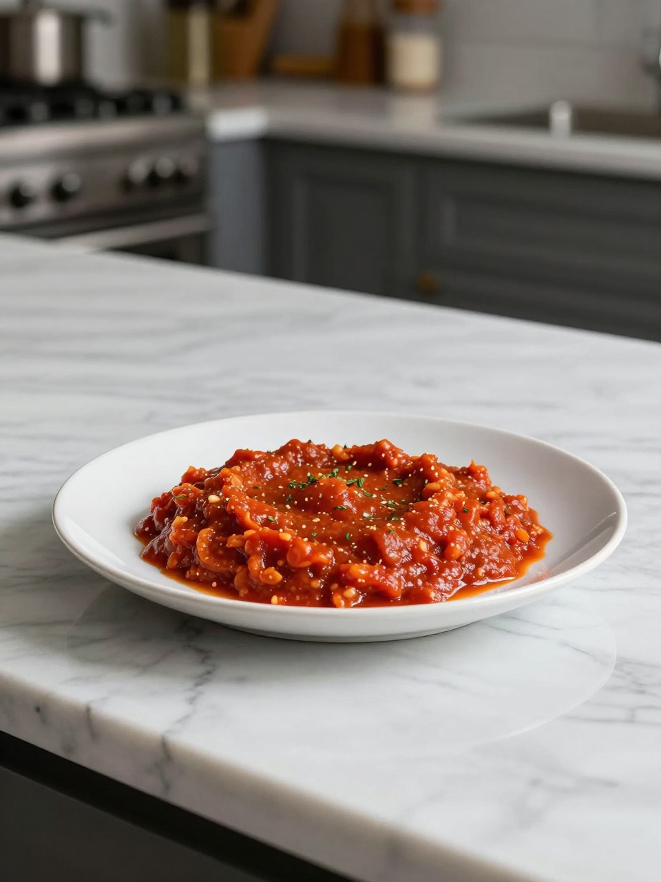 An overheard picture view of a plate of Classic Marinara Sauce sitting on a marble countertop table in the kitchen, professional food photography style.