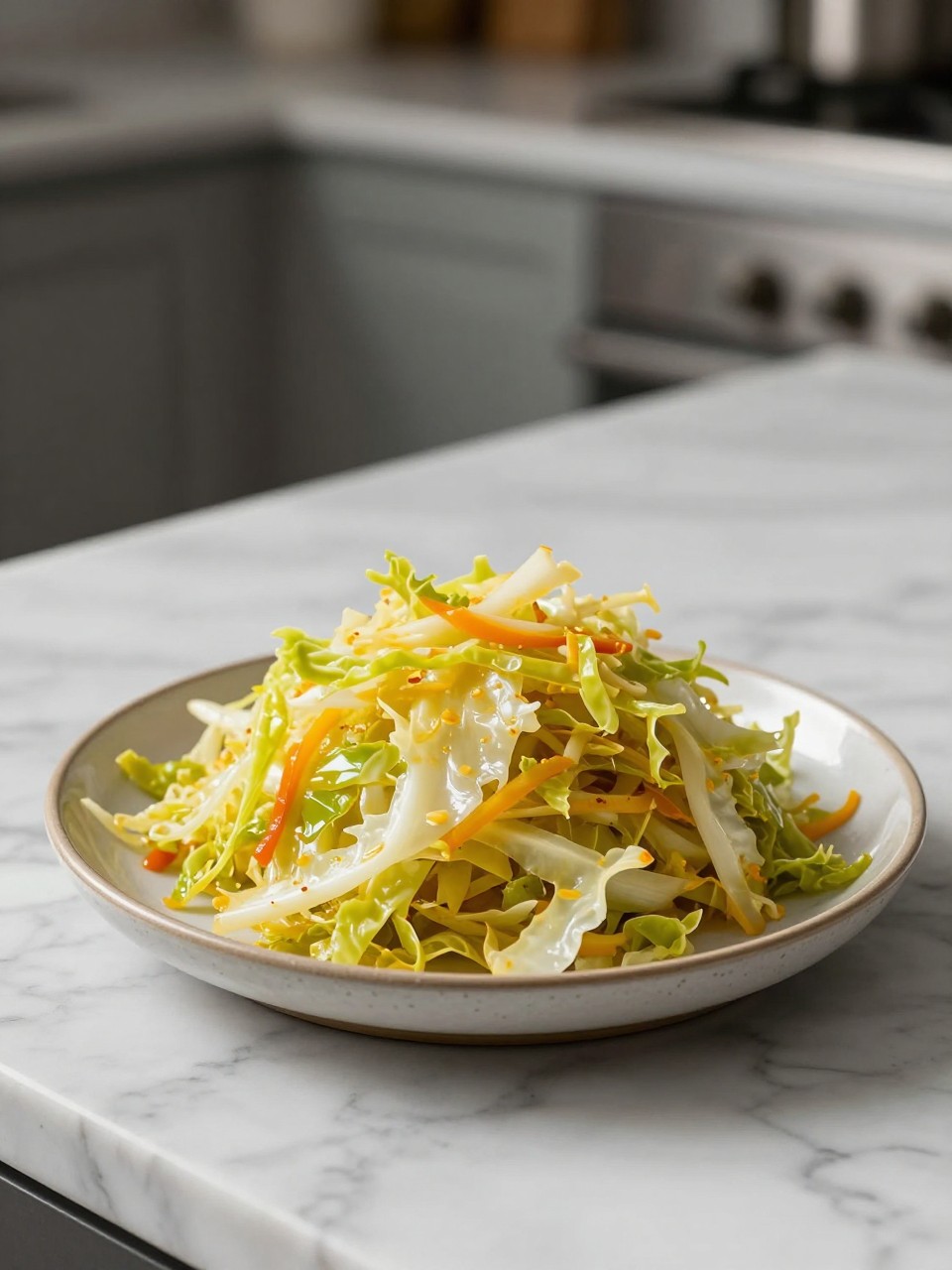 An overheard picture view of a plate of Quick Pickled Cabbage sitting on a marble countertop table in the kitchen, professional food photography style.
