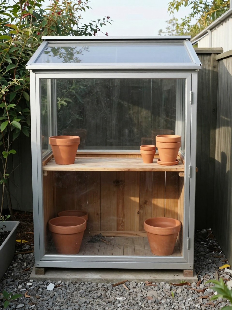 Photo of a small potting shed with glass upper walls and a wooden counter, straight-on view, setting in a backyard corner with gravel path, morning light, containing a stack of terra cotta pots on the counter, iPhone photo quality.