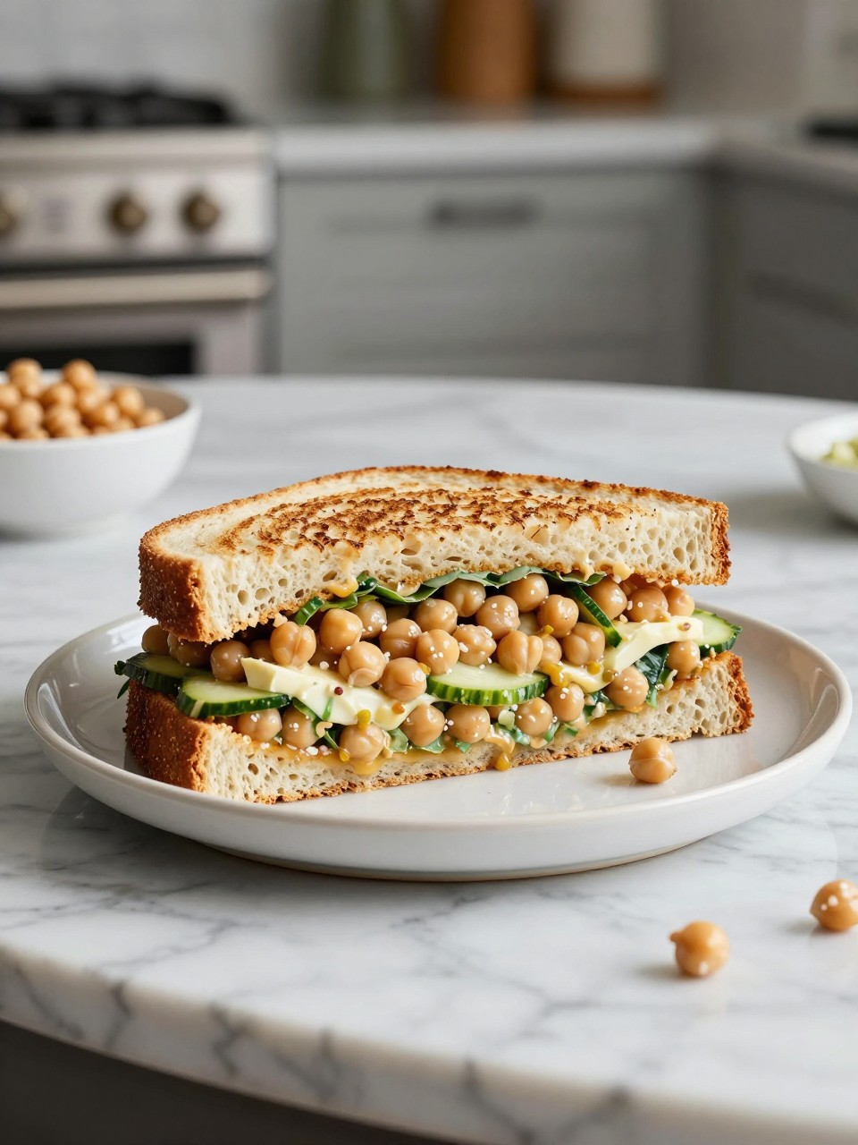 An overheard picture view of a plate of Vegan Chickpea Salad Sandwich sitting on a marble countertop table in the kitchen, professional food photography style.
