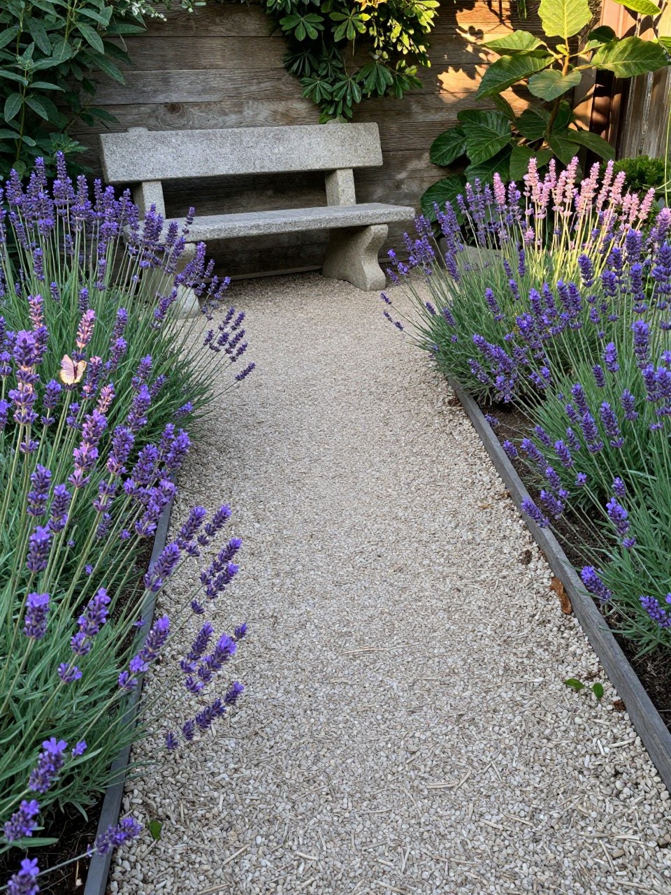 Photo of a gravel path edged with blooming lavender on both sides, leading to a stone bench, corner angle view, setting in a courtyard garden, late afternoon light, containing a butterfly on a lavender flower, iPhone photo quality.