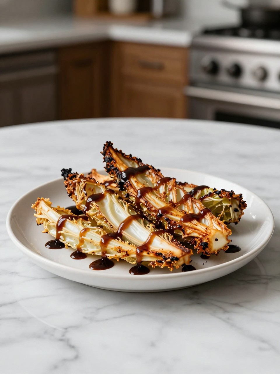 An overheard picture view of a plate of Roasted Cabbage Wedges with Balsamic Glaze sitting on a marble countertop table in the kitchen, professional food photography style.