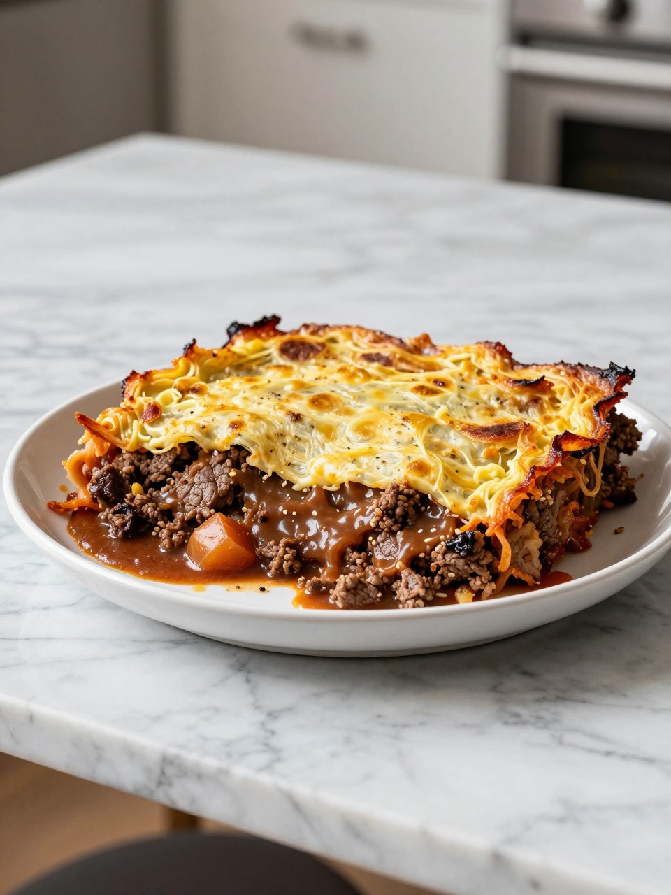An overheard picture view of a plate of Ground Beef Chiles Rellenos Casserole sitting on a marble countertop table in the kitchen, professional food photography style.