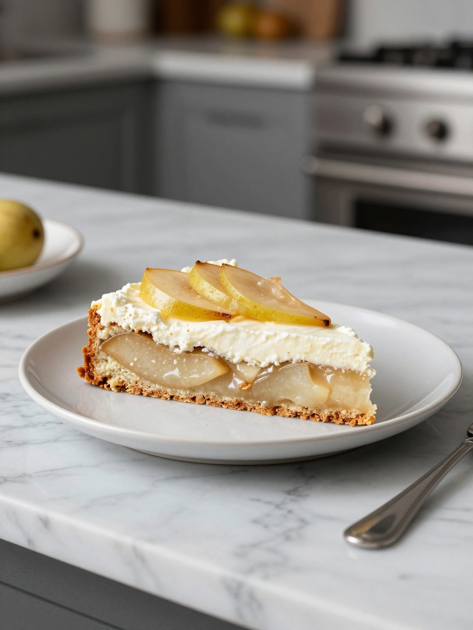 An overheard picture view of a plate of Ricotta and Pear Cake sitting on a marble countertop table in the kitchen, professional food photography style.