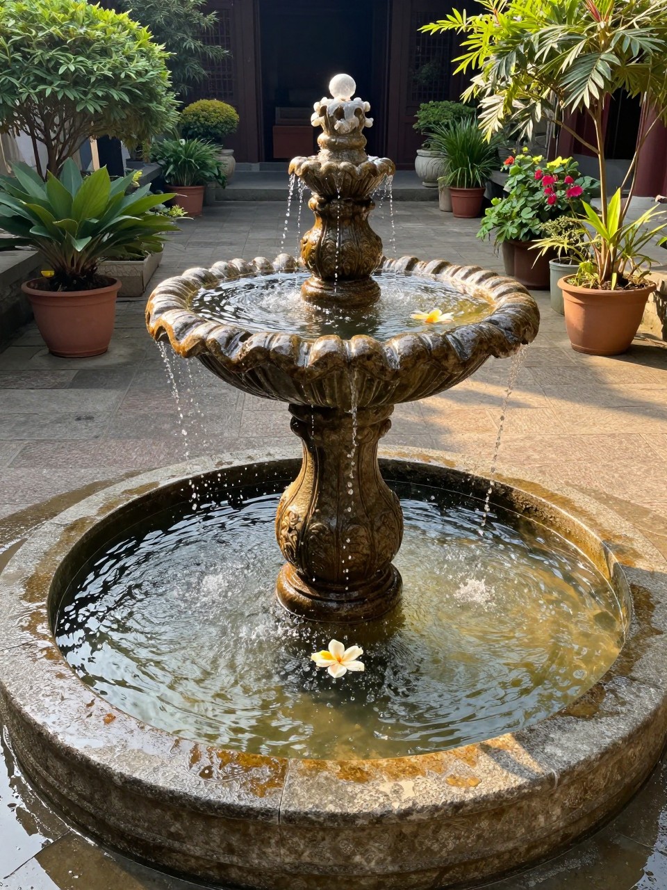 Photo of a classic stone fountain with water trickling into a basin in the center of a courtyard, wide view, setting in a garden with potted plants around, golden hour, containing a single floating flower petal in the basin, iPhone photo quality.