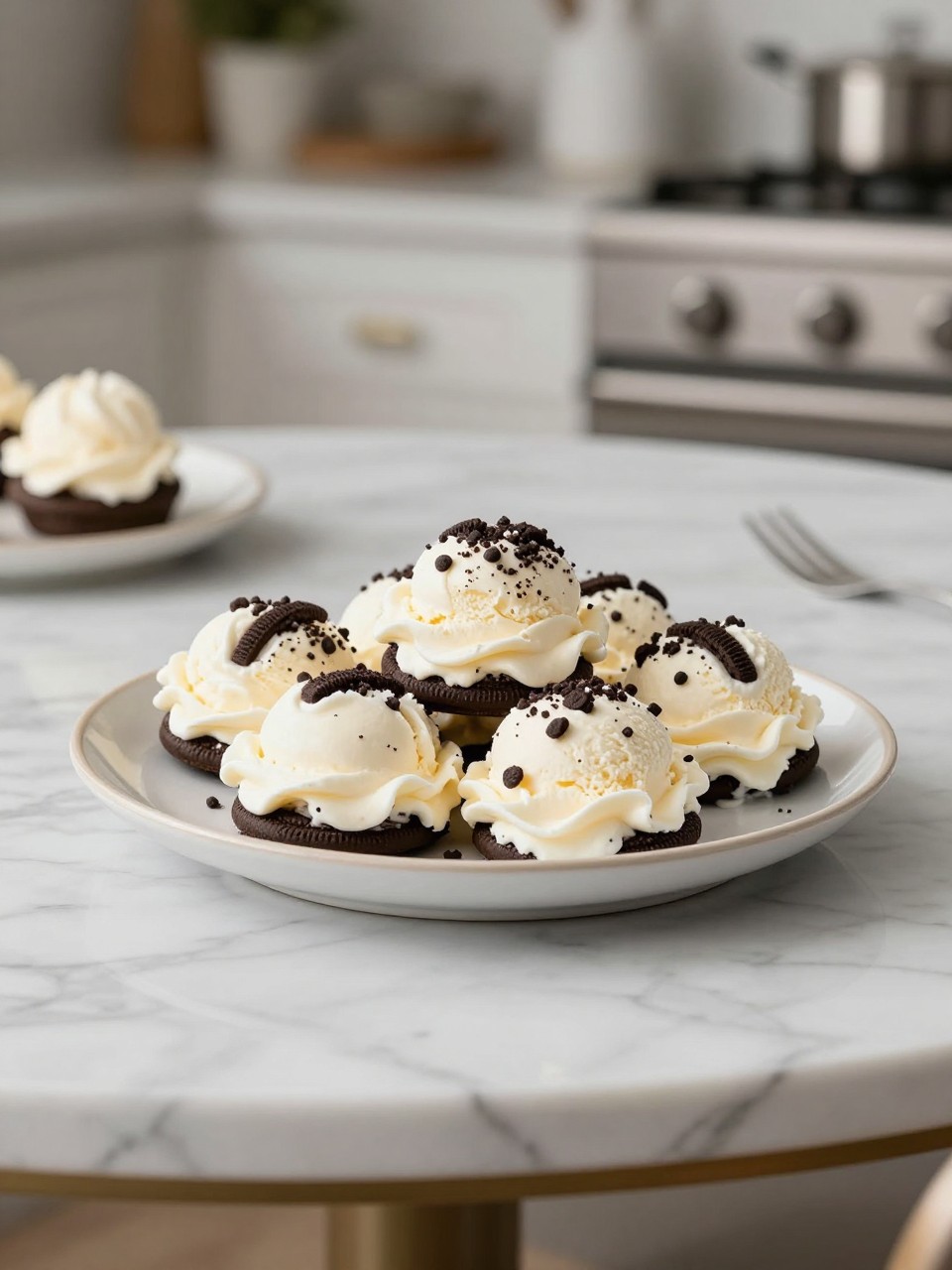 An overheard picture view of a plate of Cookies and Cream sitting on a marble countertop table in the kitchen, professional food photography style.