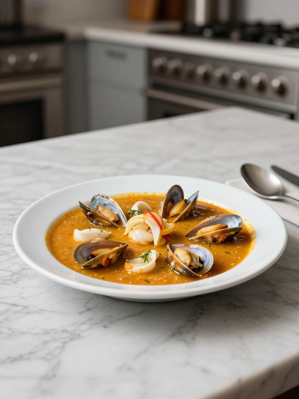 An overheard picture view of a plate of Sopa de Mariscos sitting on a marble countertop table in the kitchen, professional food photography style.