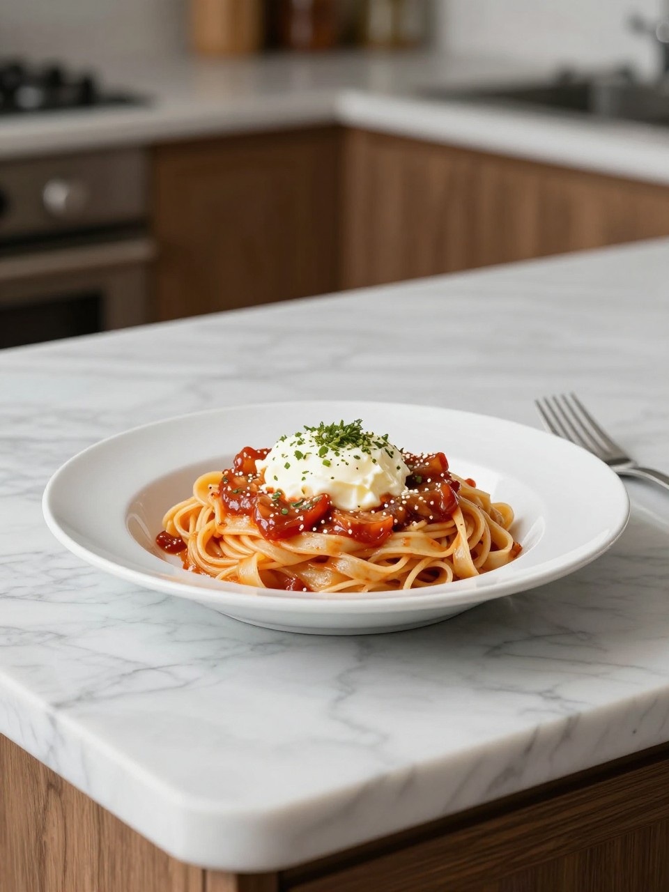 An overheard picture view of a plate of Pasta alla Norma sitting on a marble countertop table in the kitchen, professional food photography style.