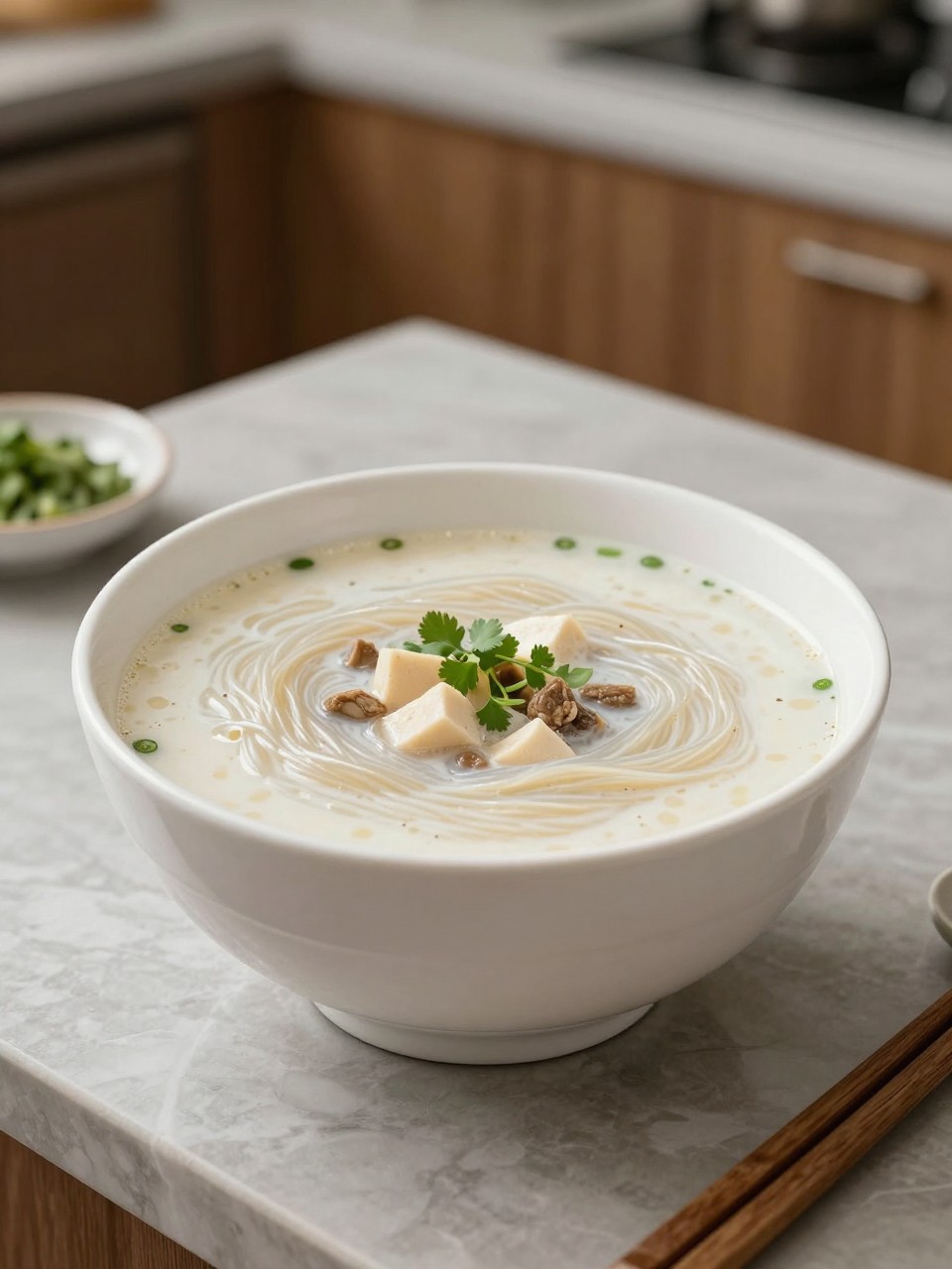 An overheard picture view of a plate of Kongguksu (Cold Soy Milk Noodle Soup) sitting on a marble countertop table in the kitchen, professional food photography style.