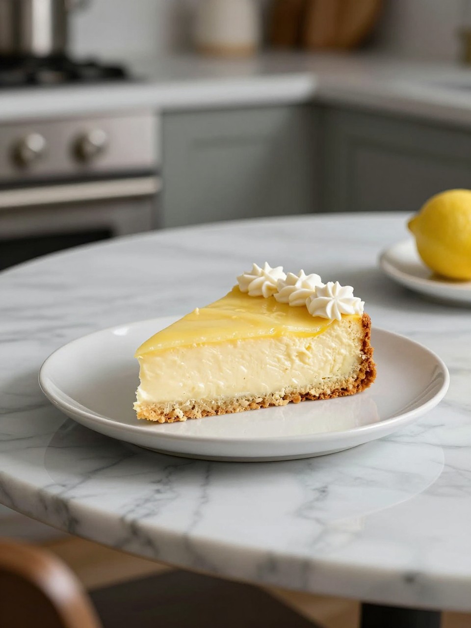 An overheard picture view of a plate of Lemon Ricotta Cake sitting on a marble countertop table in the kitchen, professional food photography style.