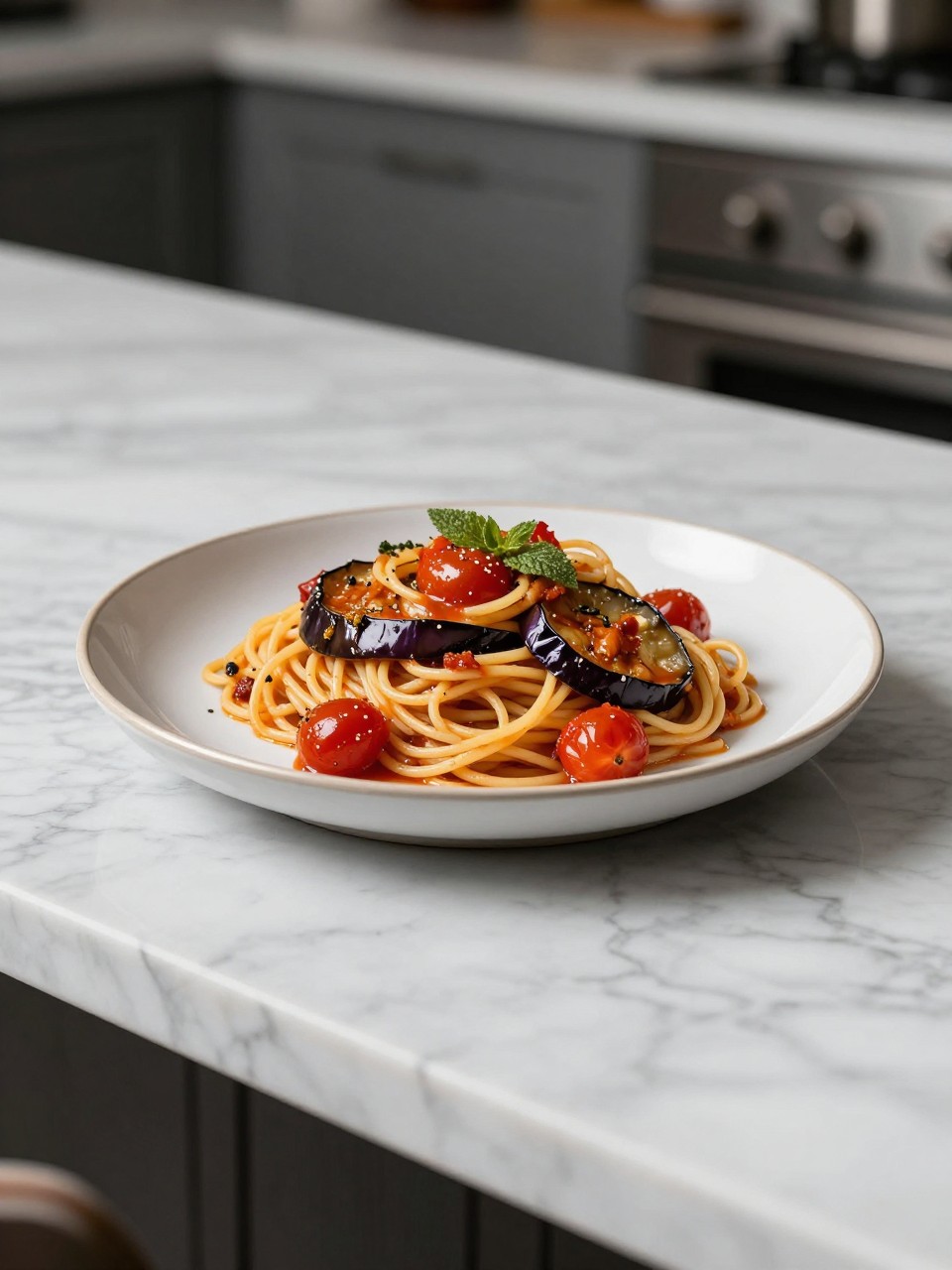 An overheard picture view of a plate of Spaghetti with Eggplant and Cherry Tomatoes sitting on a marble countertop table in the kitchen, professional food photography style.