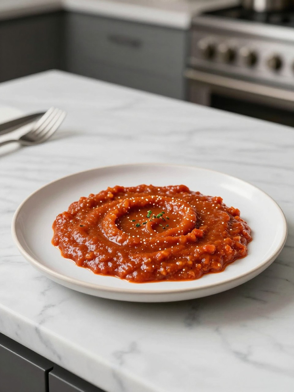 An overheard picture view of a plate of Amatriciana Sauce sitting on a marble countertop table in the kitchen, professional food photography style.