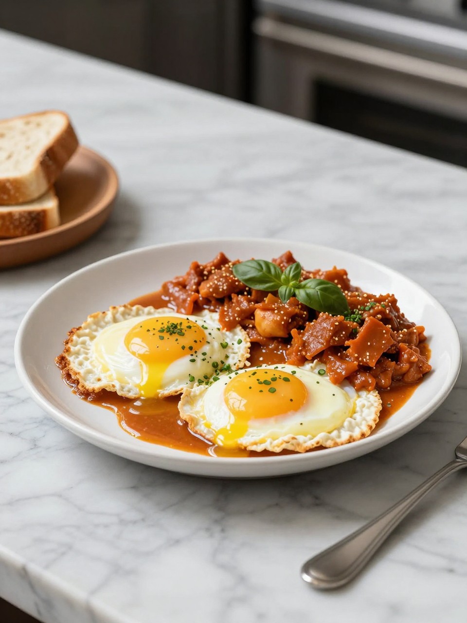 An overheard picture view of a plate of Huevos Motuleños sitting on a marble countertop table in the kitchen, professional food photography style.