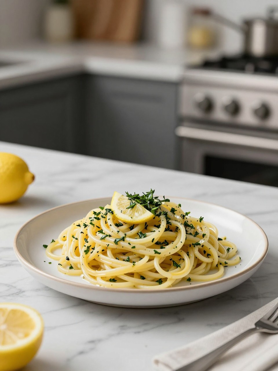 An overheard picture view of a plate of Lemon Herb Spaghetti Salad sitting on a marble countertop table in the kitchen, professional food photography style.
