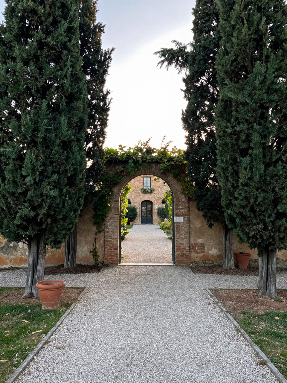Photo of a courtyard entrance framed by two tall cypress trees, with a gravel path leading between them, straight-on view, setting in a Tuscan-style garden, late afternoon light, containing a terracotta pot at the base of one tree, iPhone photo quality.