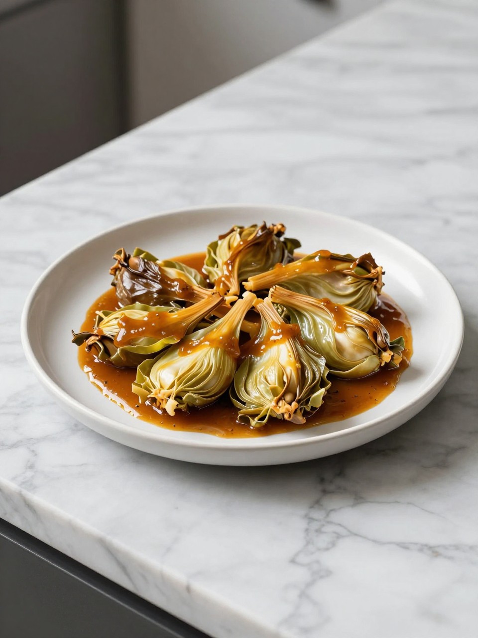 An overheard picture view of a plate of Carciofi Sauce sitting on a marble countertop table in the kitchen, professional food photography style.
