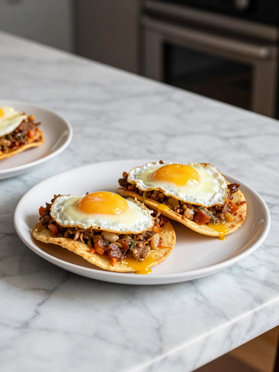An overheard picture view of a plate of Mexican Breakfast Tostadas sitting on a marble countertop table in the kitchen, professional food photography style.
