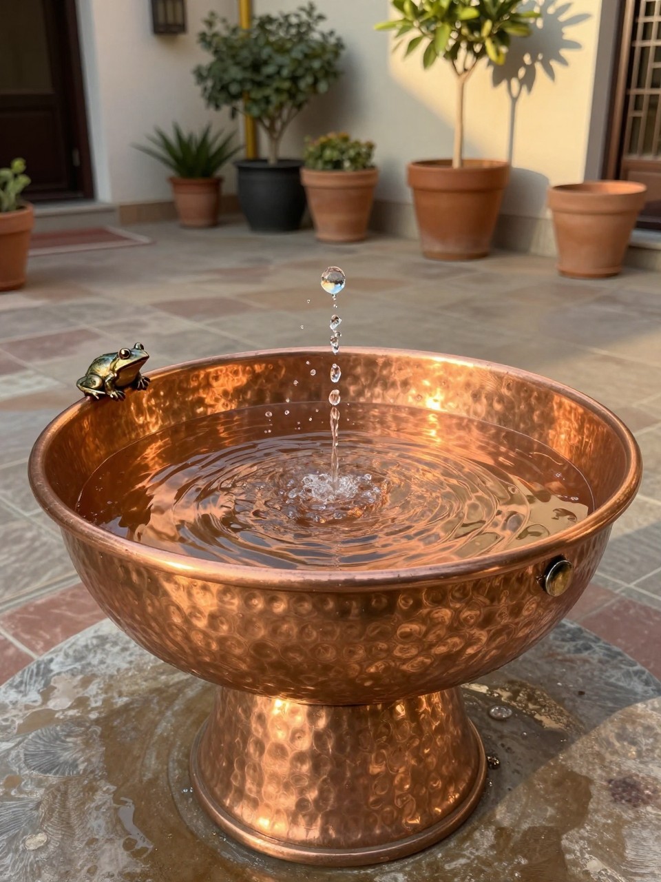 Photo of a hammered copper bowl fountain with water gently spilling over, wide view, setting in a sunny courtyard with terra cotta pots, golden hour, containing a small copper frog on the bowl's edge, iPhone photo quality.