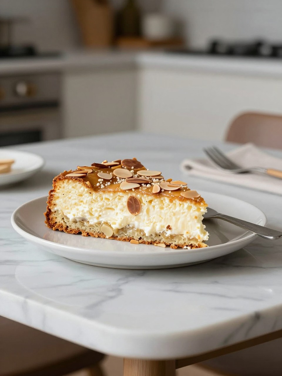 An overheard picture view of a plate of Ricotta and Almond Cake sitting on a marble countertop table in the kitchen, professional food photography style.