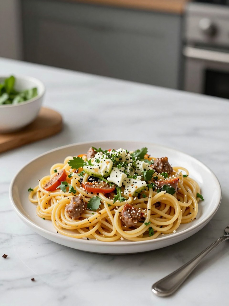An overheard picture view of a plate of Make-Ahead Spaghetti Salad sitting on a marble countertop table in the kitchen, professional food photography style.