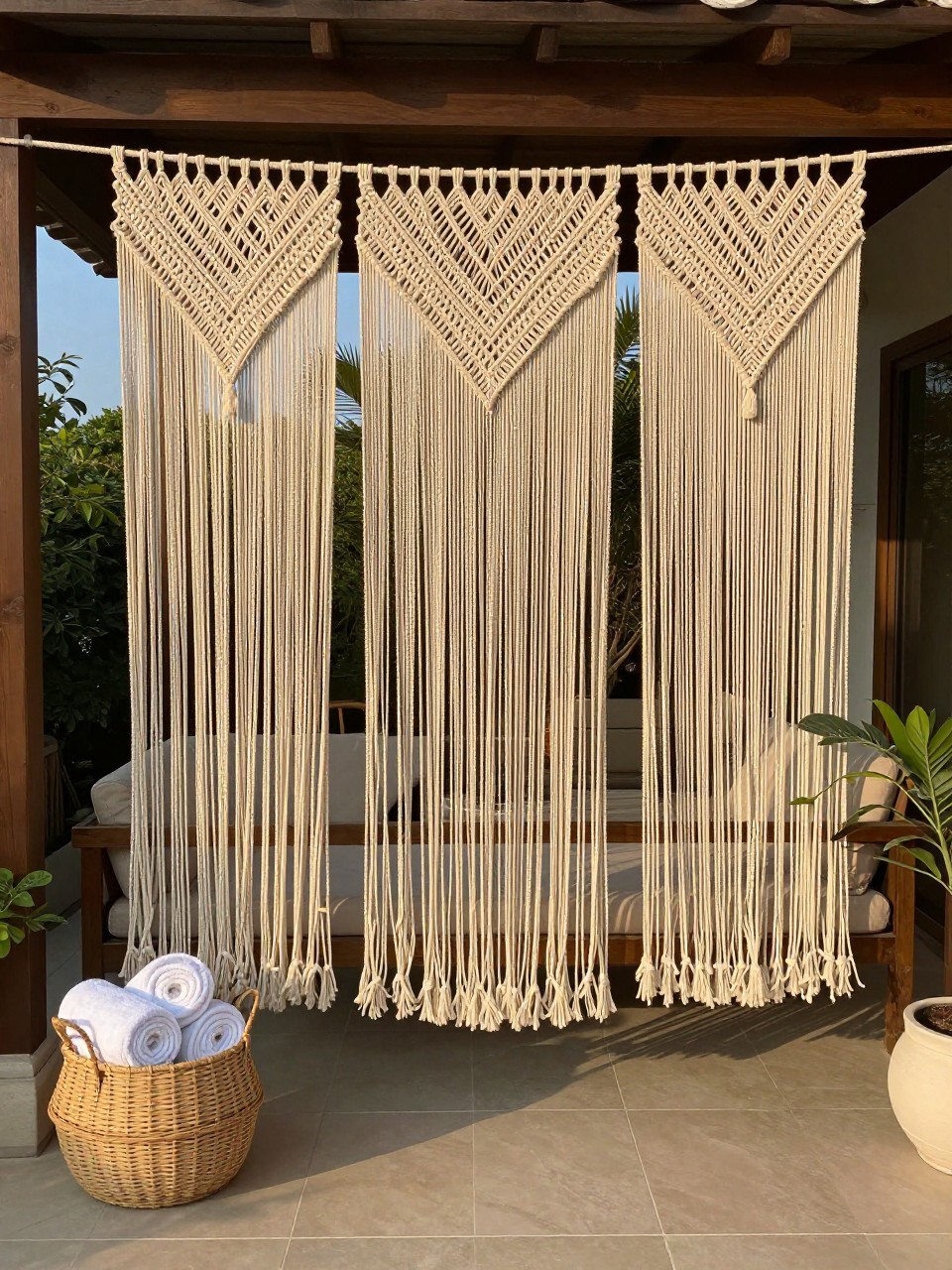 Photo of a patio with hanging macrame privacy panels creating shade and screening, straight-on view, setting in a covered outdoor sitting area, golden hour, containing a woven basket with rolled towels below, iPhone photo quality.