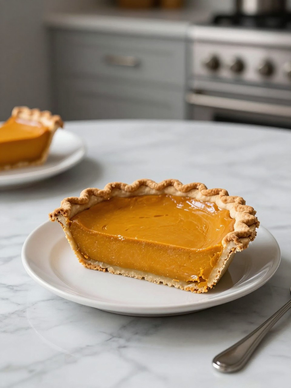 An overheard picture view of a plate of Pumpkin Pie sitting on a marble countertop table in the kitchen, professional food photography style.