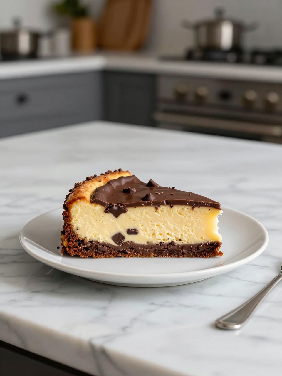 An overheard picture view of a plate of Chocolate Chip Ricotta Cake sitting on a marble countertop table in the kitchen, professional food photography style.