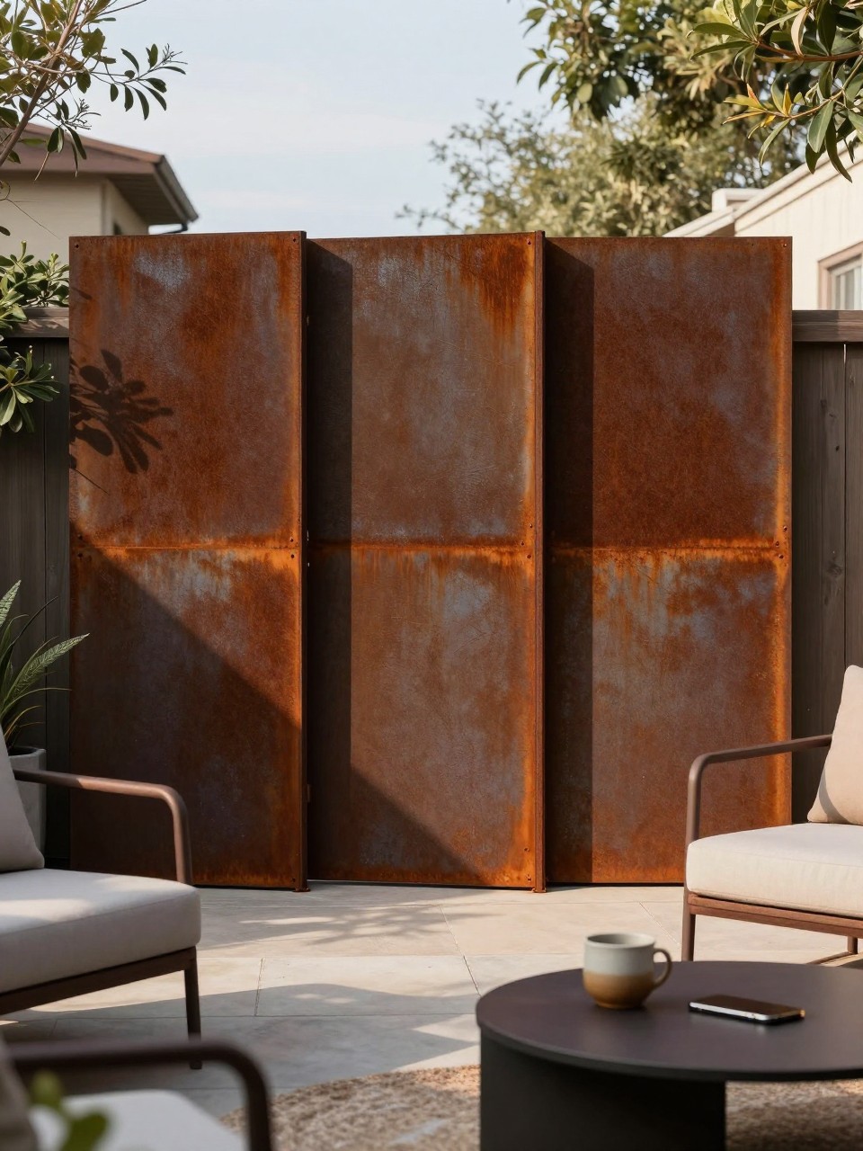 Photo of a patio with rusted corten steel privacy screens, straight-on view, setting in a backyard seating area with modern furniture, late afternoon light, containing a ceramic cup on a side table, iPhone photo quality.