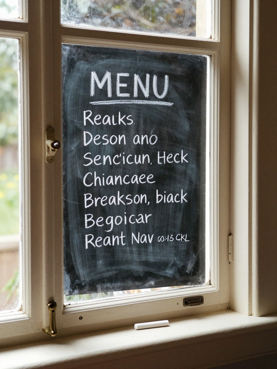 Photo of a old window frame with chalkboard-painted glass, a menu written in chalk, corner angle view, setting in a farmhouse kitchen, bright midday light, containing a piece of chalk on the sill, iPhone photo quality.