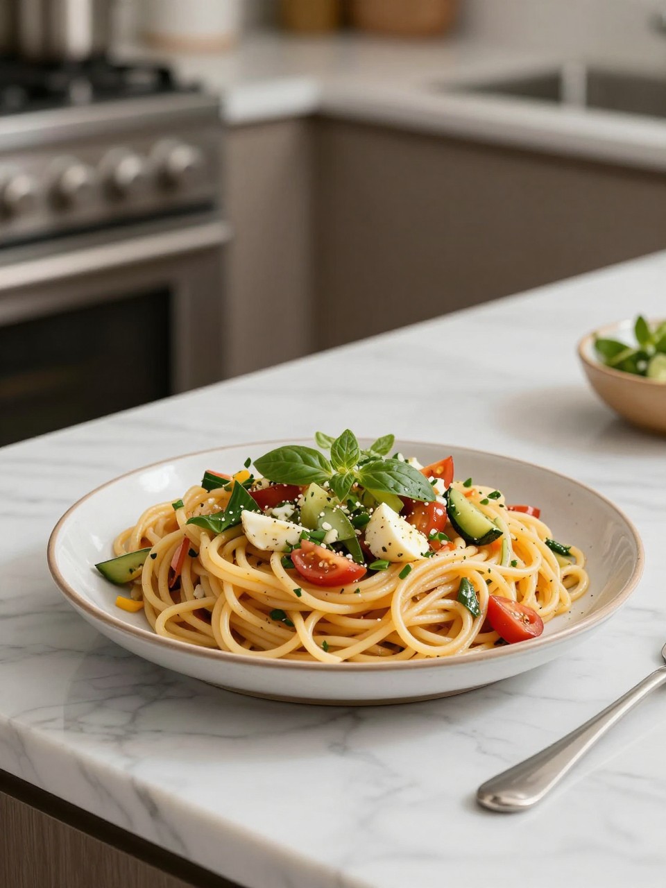 An overheard picture view of a plate of Vegan Italian Spaghetti Salad sitting on a marble countertop table in the kitchen, professional food photography style.