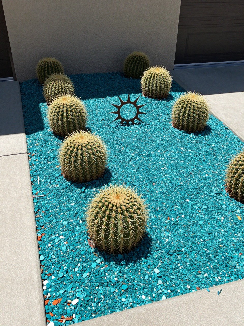 Photo of a cactus bed with turquoise recycled glass mulch, corner angle view, setting in a front yard entry garden, bright midday light, containing a small metal sun sculpture, iPhone photo quality.