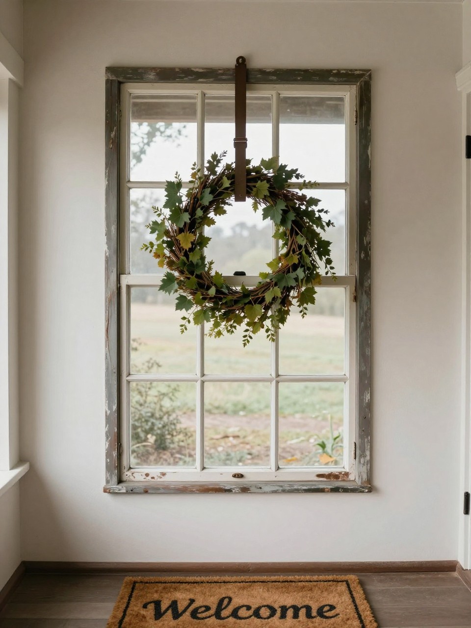 Photo of a old window frame hanging on a wall with a grapevine wreath in the center, straight-on view, setting in a farmhouse entry, soft morning light, containing a welcome mat visible below, iPhone photo quality.