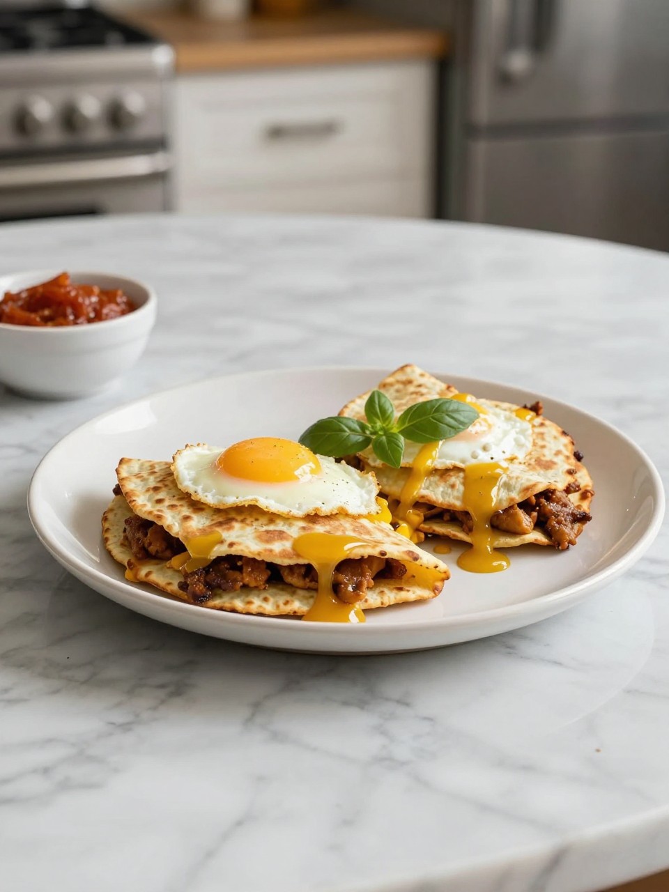 An overheard picture view of a plate of Breakfast Quesadillas sitting on a marble countertop table in the kitchen, professional food photography style.