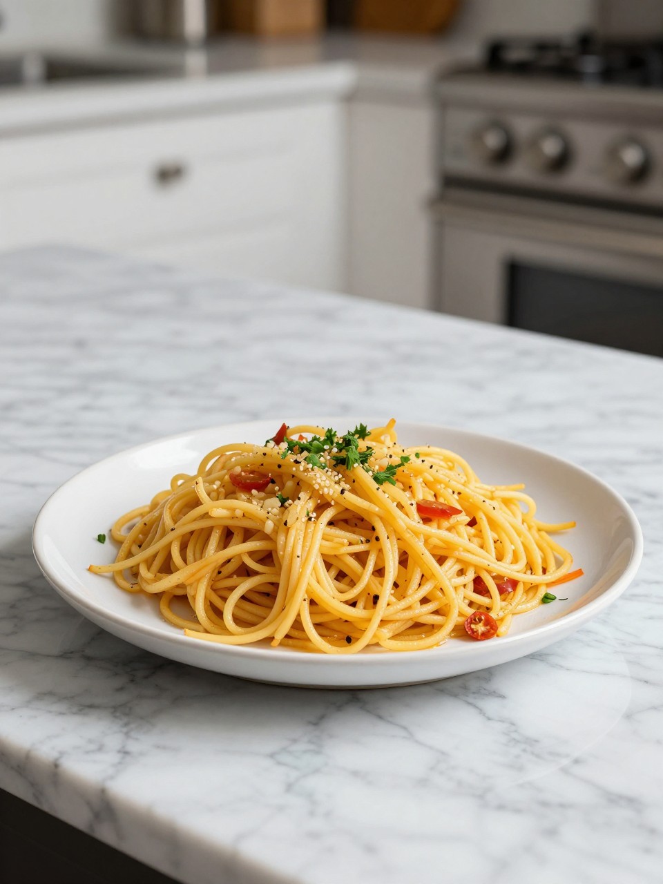 An overheard picture view of a plate of Migas sitting on a marble countertop table in the kitchen, professional food photography style.