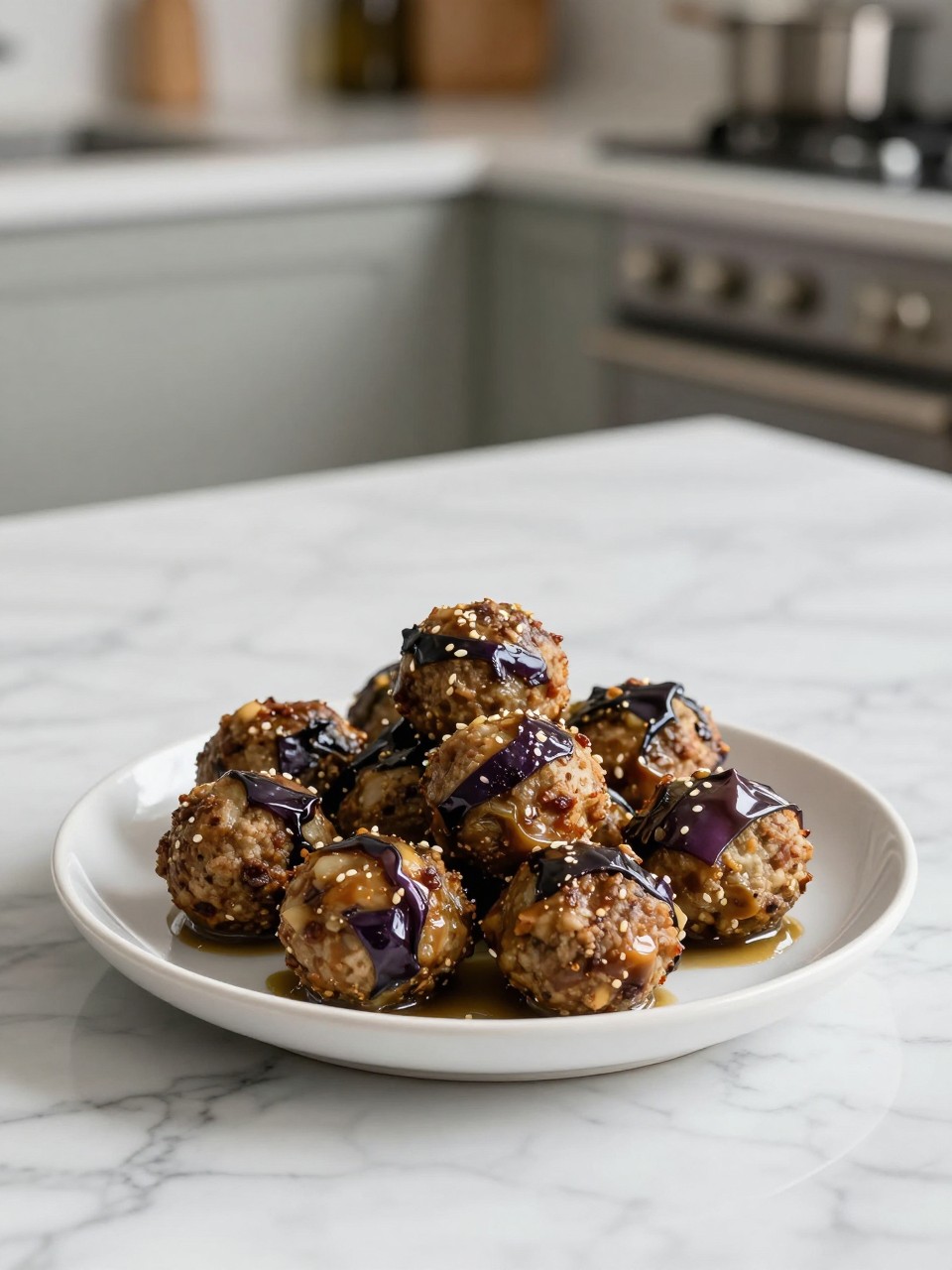 An overheard picture view of a plate of Eggplant Meatballs sitting on a marble countertop table in the kitchen, professional food photography style.