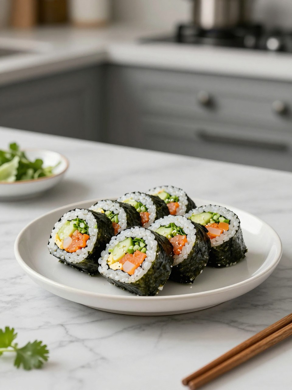 An overheard picture view of a plate of Vegan Kimbap (Korean Seaweed Rice Rolls) sitting on a marble countertop table in the kitchen, professional food photography style.