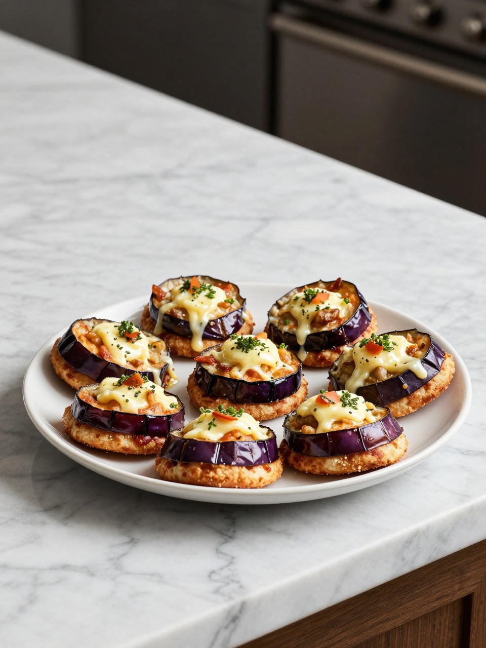 An overheard picture view of a plate of Eggplant Pizza Bites sitting on a marble countertop table in the kitchen, professional food photography style.