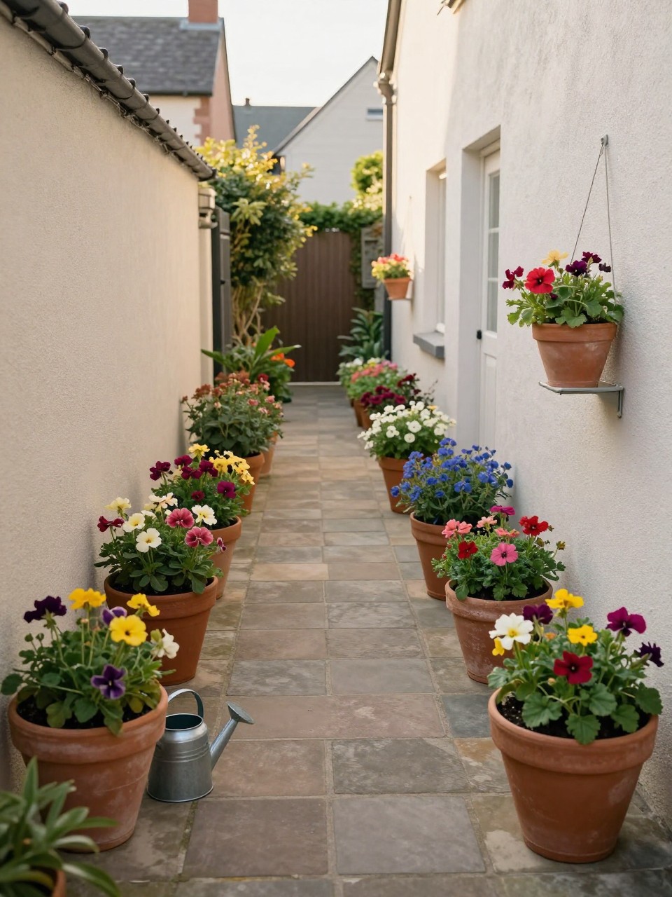 Photo of a narrow side yard path lined with terracotta pots of various sizes filled with colorful annuals, straight-on view, setting against a cottage wall, late afternoon light, containing a small watering can among the pots, iPhone photo quality.