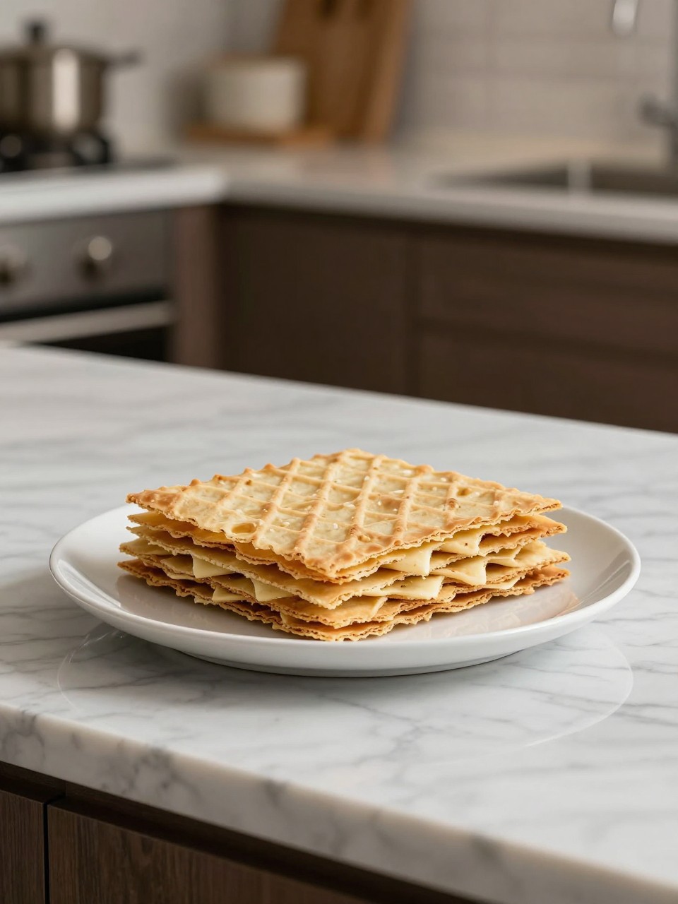 An overheard picture view of a plate of Millefoglie sitting on a marble countertop table in the kitchen, professional food photography style.