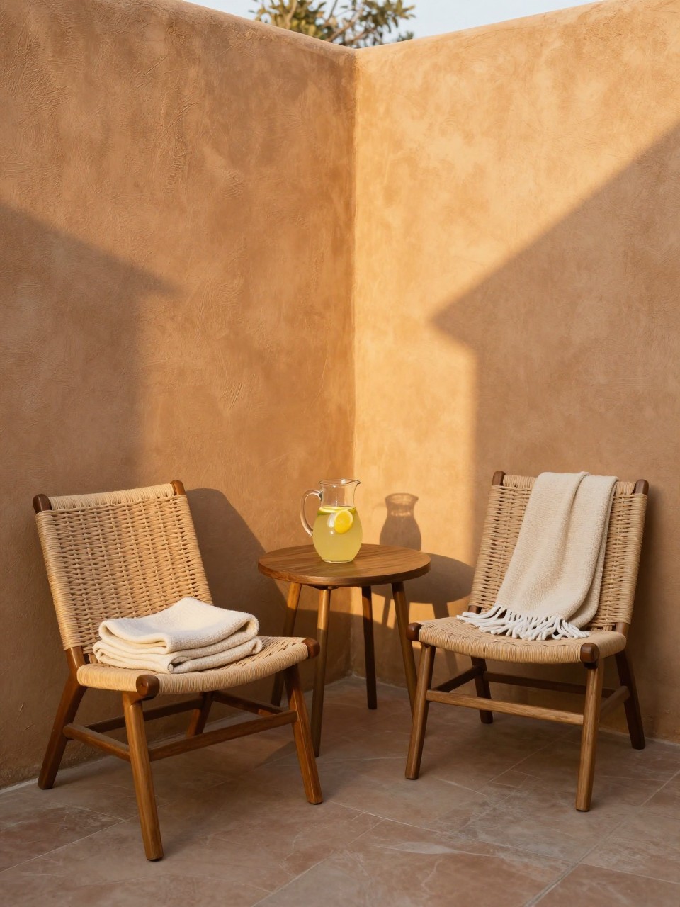 Photo of a sunny courtyard corner with two woven chairs and a small table, a pitcher of lemonade on the table, corner angle view, setting against a warm stucco wall, golden hour, containing a folded throw blanket on one chair, iPhone photo quality.
