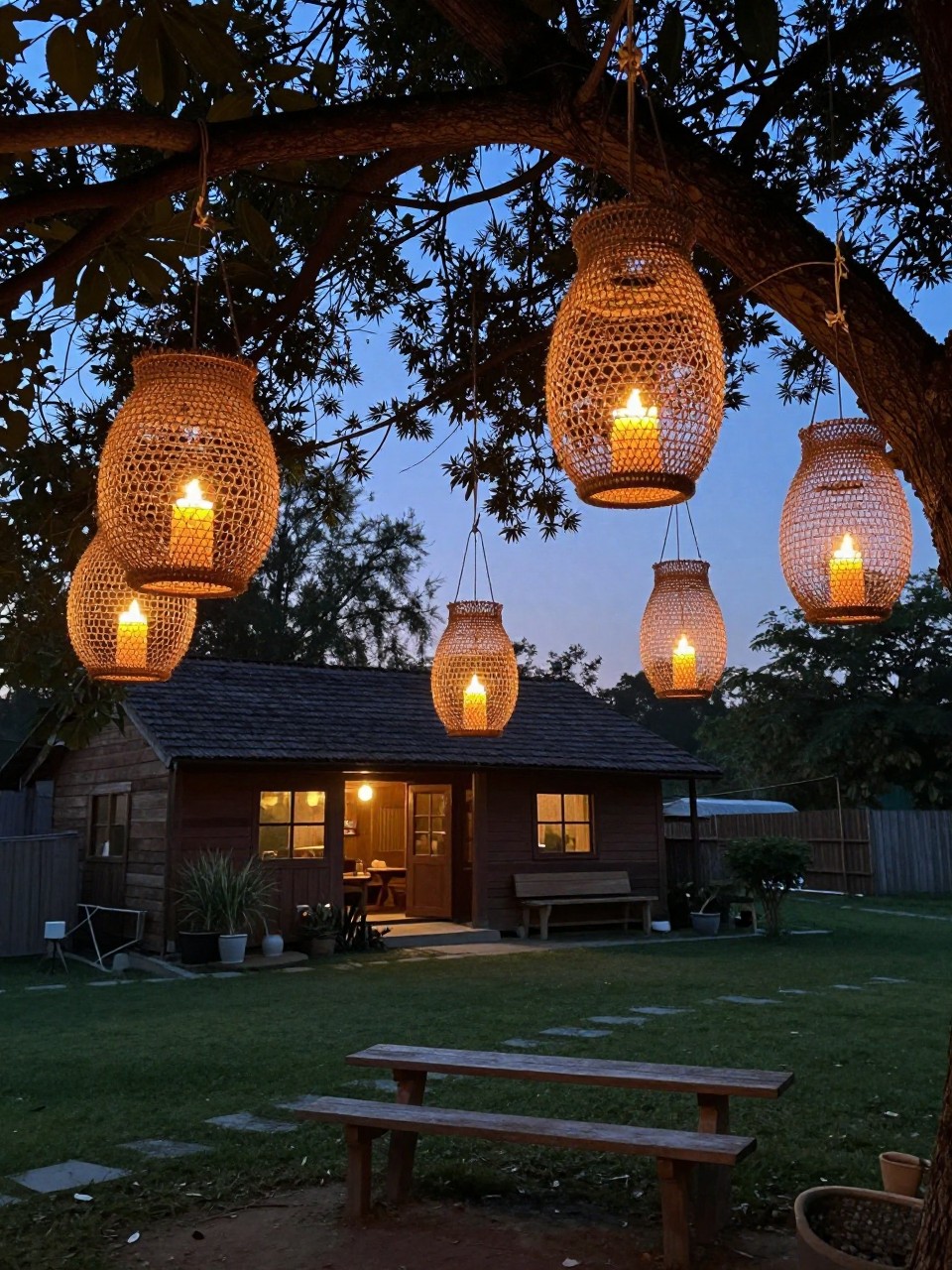 Photo of chicken wire lanterns hanging from a tree branch in a rustic country backyard, wide view, dusk with candles lit, containing a wooden bench visible below, iPhone photo quality.