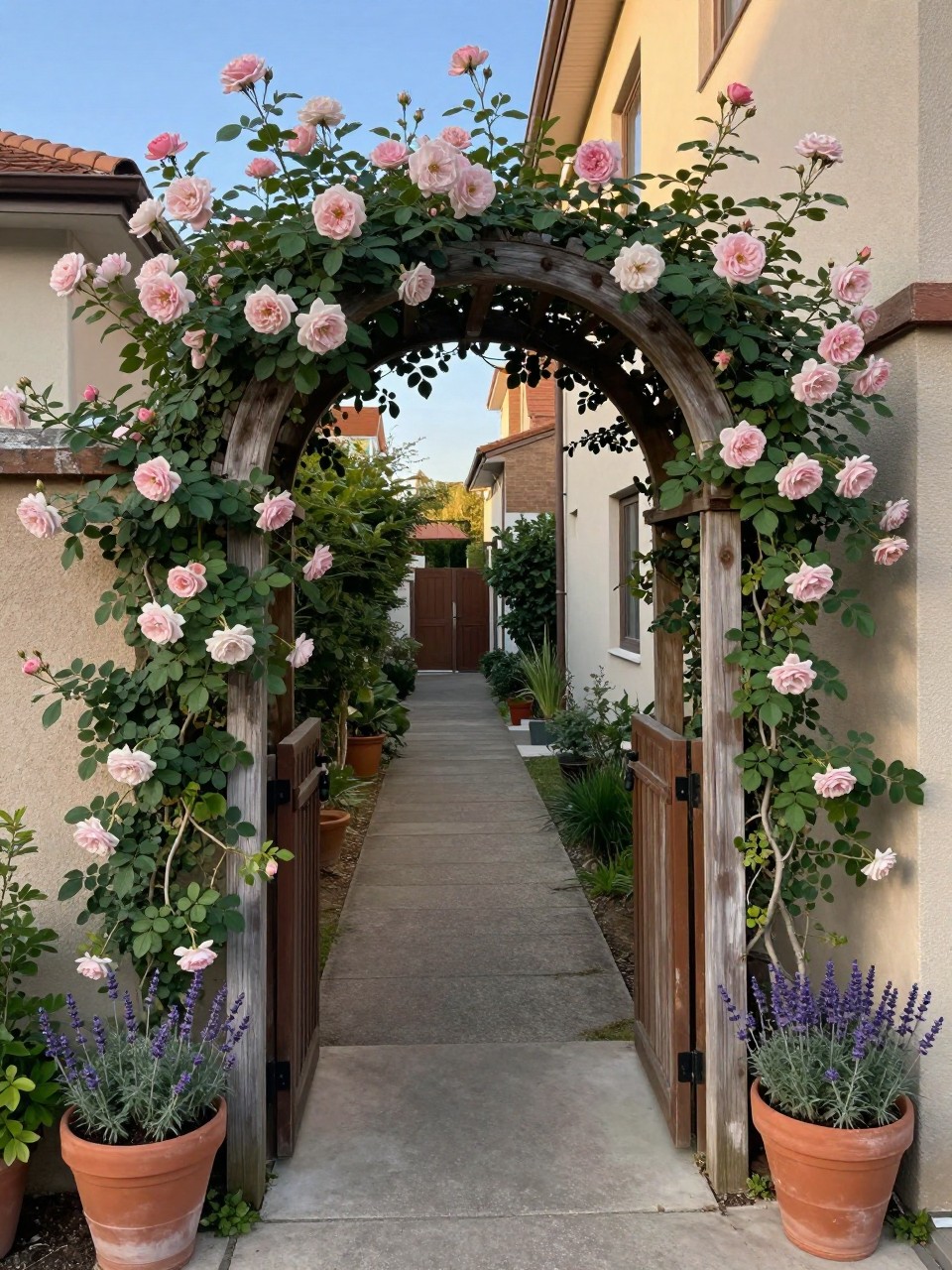 Photo of a wooden arch covered in climbing roses at the entrance to a narrow side yard, the path visible beyond, straight-on view through the arch, late afternoon light, containing a terracotta pot with lavender near the base, iPhone photo quality.