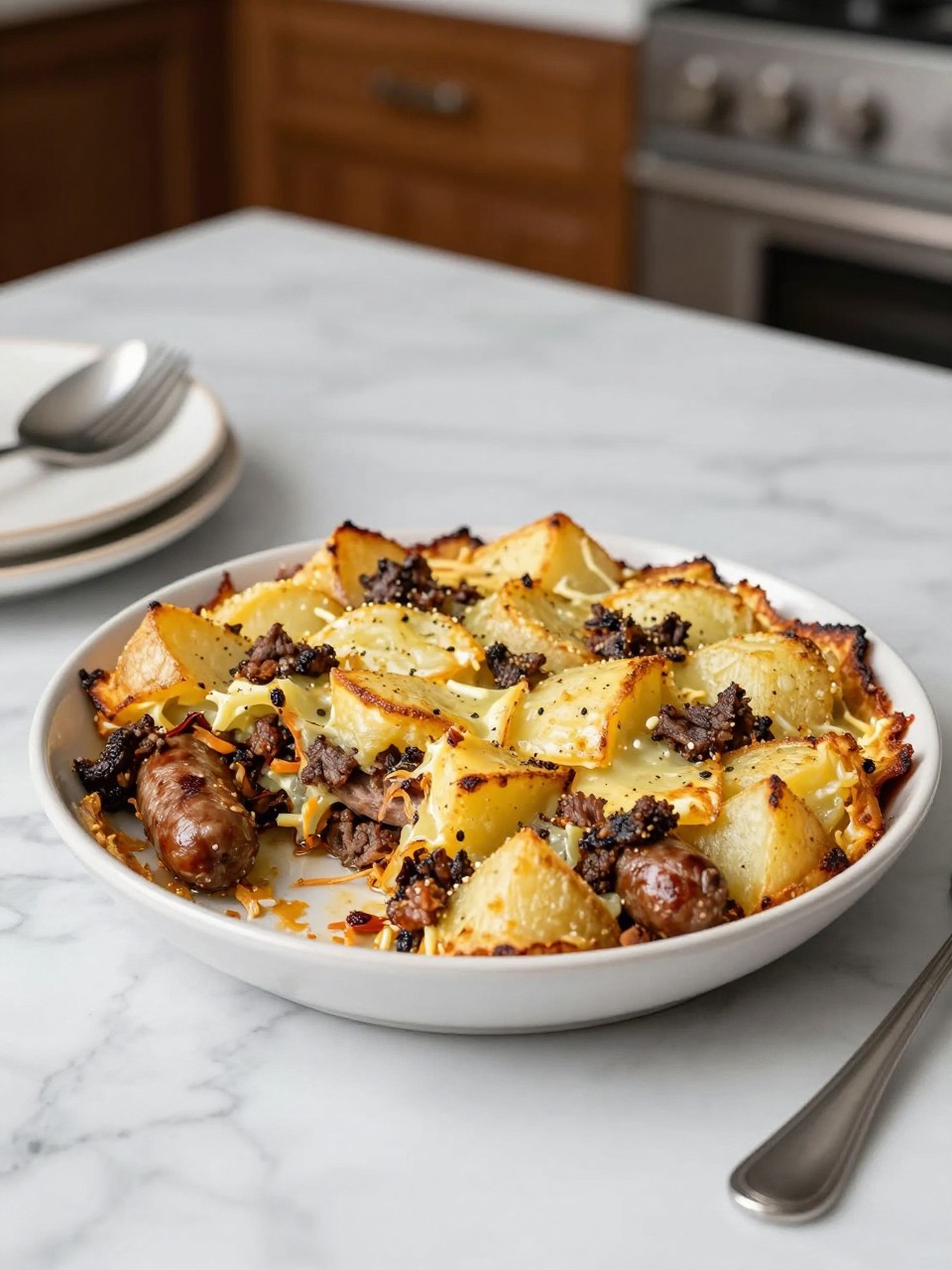 An overheard picture view of a plate of Sausage and Potato Casserole sitting on a marble countertop table in the kitchen, professional food photography style.